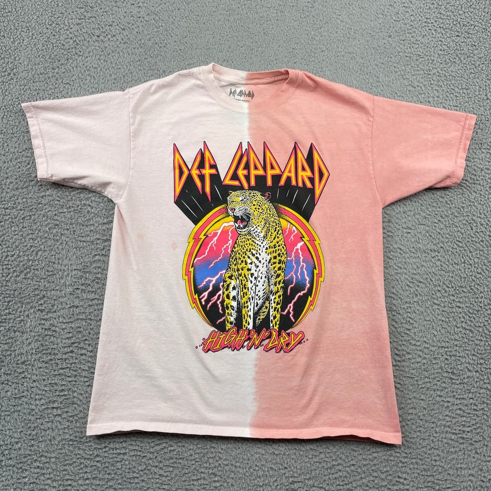 Def Leppard T-Shirt Mens Medium Pink High n Dry Graphic Split Dye Rock Band Tee